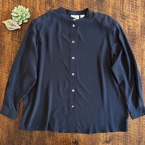 Lidzen | Vintage 100% Silk Black Button Down with Band Collar